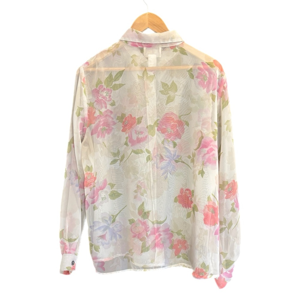 Vintage sheer white and pink floral pattern long sleeve button up top - Picture 3 of 4
